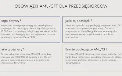 Obowiązki AML/CFT dla przedsiębiorców: kto podlega, jakie są wymogi, kary i branże objęte przepisami.