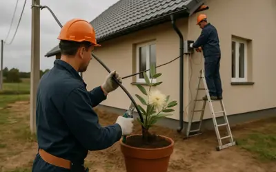 Dwóch elektryków w kaskach pracuje przy przyłączu elektrycznym domu. Jeden na drabinie, drugi przy kablu.