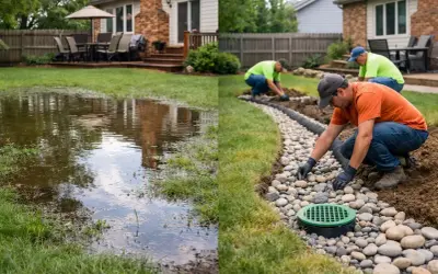 Before and after: a flooded yard is transformed by workers installing a drainage system, solving the ponding problem.
