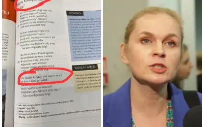 Rota hymnu Marii Konopnickiej, podkreślona w podręczniku, mówi o obronie ojczyzny. "Nie będzie Krzyżak pluł nam w twarz".
