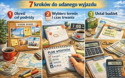 Planowanie wyjazdu, np. gdzie w góry świętokrzyskie: ustal cel, termin, budżet. Vision board, kalendarz, notatnik z wydatkami, kalkulator.