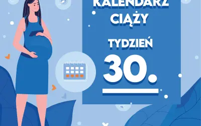 Kobieta w niebieskiej sukience, w 30 tygodniu ciąży, trzyma dłoń na brzuchu. Obok kalendarz i napisy "Kalendarz ciąży, tydzień 30".