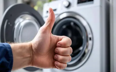 Pouce levé devant une machine à laver ouverte, signe d'un branchement machine à laver réussi.