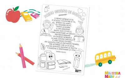 Pagina da colorare con una filastrocca del nuovo anno scolastico, con bambini, libri, matite, zaino e scuolabus.