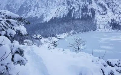 Zimowy krajobraz w Tatrach. Gęsty las i zamarznięte jezioro pokryte śniegiem. W oddali widać schronisko. Zakopane zimą zachwyca.