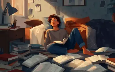 Ein junger Mann sitzt inmitten von Büchern, vertieft in seine Lektüre. Das warme Licht der Abendsonne beleuchtet den Raum, während er sich auf das Lernen konzentriert, fast wie im **gerondif französisch**.