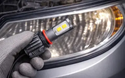 Ręka w rękawiczce trzyma nowoczesną diodę LED do samochodu, gotową do montażu w reflektorze.