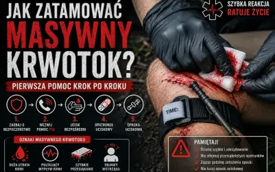 Instrukcja tamowania krwotoku tętniczego: zadbaj o bezpieczeństwo, wezwij pomoc, ucisk bezpośredni, opatrunek uciskowy, opaska uciskowa. Szybka reakcja ratuje życie.