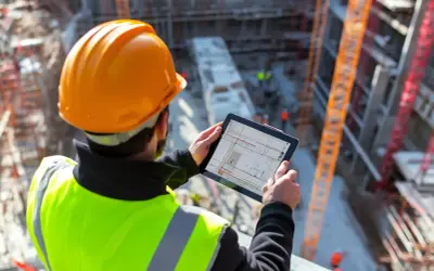 Ingeniero con casco naranja y chaleco reflectante revisa planos en tablet. Asegura el control de calidad en construcción.