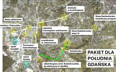 Mapa planowanych inwestycji drogowych w Gdańsku. Widoczny zielona zatoka łącznik między ulicami.