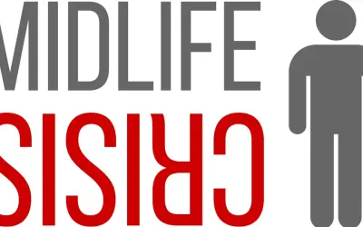 Midlife crisis man: hoe lang duurt het? Grijze tekst "MIDLIFE" en rode tekst "CRISIS" met een grijze man-icoon.