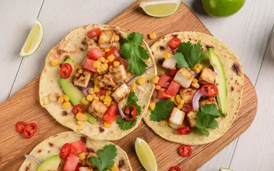Lekkie tacos z grillowanym tofu, kukurydzą, pomidorami i awokado – idealne, gdy zastanawiasz się, co można zjeść na obiad dietetyczny.