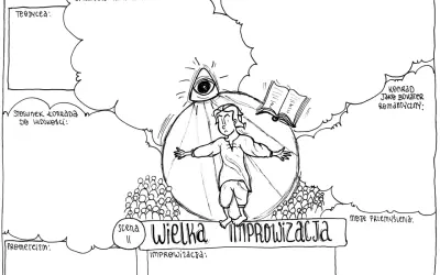 Konrad w "Dziadach cz. 3" jako bohater romantyczny, w centrum Wielkiej Improwizacji, pod okiem Boga, z książką i tłumem.