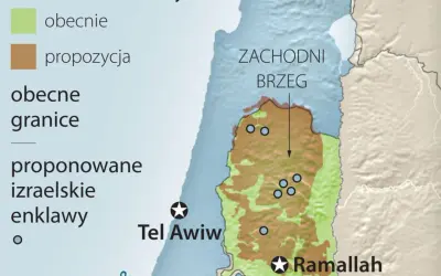 Mapa Zachodniego Brzegu z zaznaczonymi obecnymi i proponowanymi granicami. Izrael jaki kontynent? To skomplikowana kwestia.