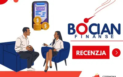 Bocian Finanse: para rozmawia o pożyczki online. Ikona telefonu z napisem "LOAN" i monetami.