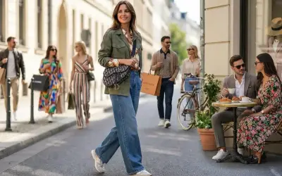 Stylowa kobieta w luźnych jeansach i kurtce tworzy idealną stylizację na wycieczkę po mieście. W tle widać innych spacerujących ludzi i kawiarnię.