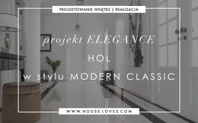 Elegancki przedpokój modern classic z błyszczącą podłogą, lustrzaną komodą i aksamitnym pufem.
