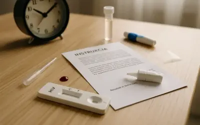 Zestaw do testu HIV na stole: instrukcja, pipeta z kroplą krwi, test, zegar.