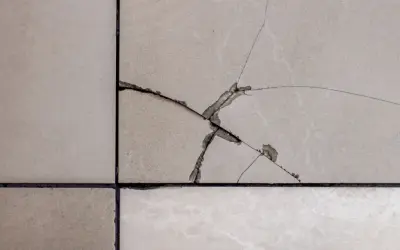Carrelage fissuré, une partie semble prête à combler le carrelage manquant.