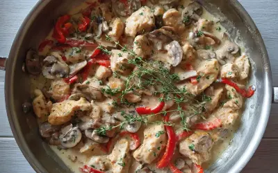 Kyckling med creme fraiche, svamp och paprika i en krämig sås, toppad med färsk timjan. En härlig middag!