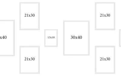 Kompozycja ramek: dwie 30x40, cztery 21x30, dwie 13x18. Idealne wymiary ramki A4 i inne do Twoich zdjęć.