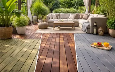 Comparativa de acabados para colocar suelo de madera sobre vigas: verde, marrón y gris.