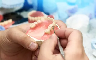Protetyk stomatologiczny pracuje nad protezą zębową, która może być refundowana przez NFZ.