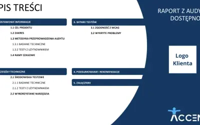 Raport z audytu dostępności zawiera spis treści z sekcjami: Podstawowe informacje, Szczegóły techniczne, Wyniki testów, Podsumowanie i rekomendacje, Załączniki.