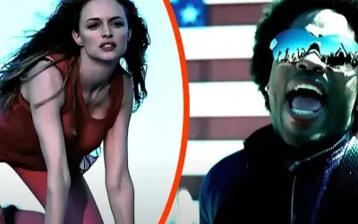 Młoda american woman w czerwonym stroju i mężczyzna w okularach na tle flagi USA.