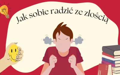 Chcesz wiedzieć, jak radzić sobie ze złością? Ilustracja pokazuje zdenerwowaną postać, która próbuje się uspokoić, trzymając uśmiechniętą buźkę.