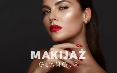 Kobieta z idealnym makijażem glamour: czerwone usta, złote cienie, perfekcyjne paznokcie.
