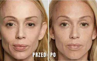 Przed i po zabiegu z użyciem kwasu polimlekowego stymulatora. Skóra twarzy jest gładsza, bardziej napięta i odmłodzona.