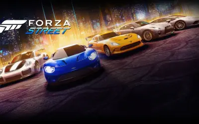 Pięć sportowych samochodów, w tym niebieski Ford GT i żółty Dodge Viper, gotowych do wyścigu w grze Forza Street.