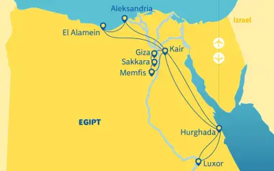 Mapa Egiptu z zaznaczonymi trasami podróży: Aleksandria, El Alamein, Kair, Giza, Sakkara, Memfis, Hurghada, Luksor. Widać delta Nilu.