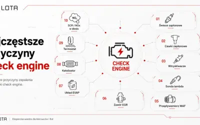 Najczęstsze przyczyny zapalenia się kontrolki silnika (check engine): świece, cewki, wtryskiwacze, sonda lambda, przepływomierz MAF, zawór EGR, układ EVAP, katalizator, termostat, SCR/NOx.