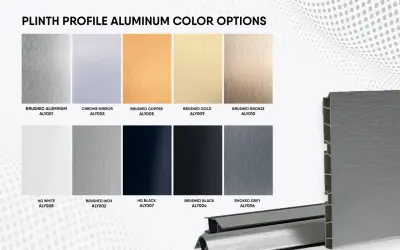 Opzioni di colore per profili battiscopa in alluminio: spazzolato, cromato, rame, oro, bronzo, bianco, inox, nero e grigio fumé.