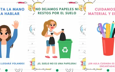 Normas de clase para imprimir: levanta la mano, no tires basura al suelo y cuida el material.