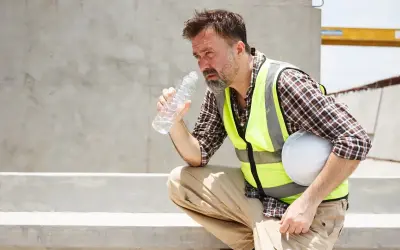 Budowlaniec w kamizelce odblaskowej pije wodę, odpoczywając na budowie. Mimo że praca w temperaturze poniżej 10 stopni jest wyzwaniem, on stara się nawodnić.
