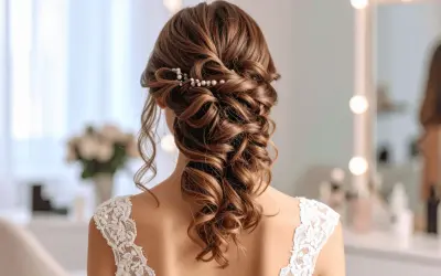 Elegancka fryzura w stylu boho z warkoczem i perłowymi ozdobami, idealna na ślub.