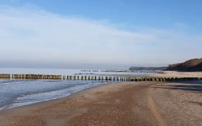 Plaża nad Bałtykiem z drewnianymi falochronami i łagodnymi falami.