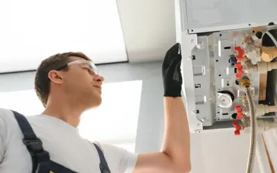Technik w okularach ochronnych sprawdza bojler, by wyeliminować problem śmierdzącej wody.