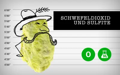 Gelber Schwefelklumpen mit Hut und Schnurrbart vor einer Messlatte. Text: "Schwefeldioxid und Sulfite". Wo sind Sulfite enthalten?
