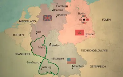 Karte zeigt die Besatzungszonen Deutschlands nach dem Zweiten Weltkrieg. Berlin ist geteilt.