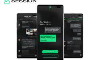 Trzy telefony prezentujące aplikację komunikator Session. Widoczne ekrany czatów i ekran powitalny z informacją o prywatności.