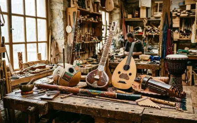 Atelier de lutherie avec un luth, un sitar et d'autres instruments de musique asie. Un artisan travaille en arrière-plan.