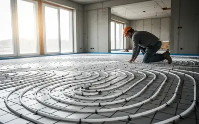 Un ouvrier installe un réseau de tubes pour un plancher chauffant électrique. Il est essentiel de bien comment tester un plancher chauffant électrique avant de couler la chape.