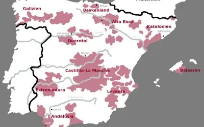 Karte Spaniens mit Anbaugebieten für spanische Rotweinsorten in Regionen wie Rioja, Ribera del Duero und Katalonien.
