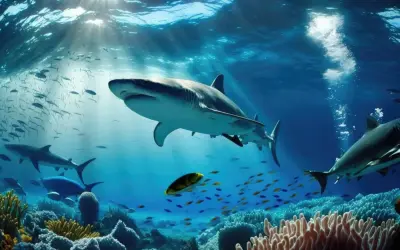 Rekin płynie w głębinach oceanu, otoczony ławicami ryb i koralowcami. To pokazuje, czym się różni morze od oceanu – skalą i różnorodnością życia.