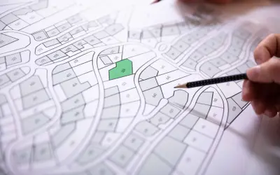 Des parcelles sont dessinées sur des matrices cadastrales, une est mise en évidence en vert. Des mains tiennent des crayons pour étudier le plan.