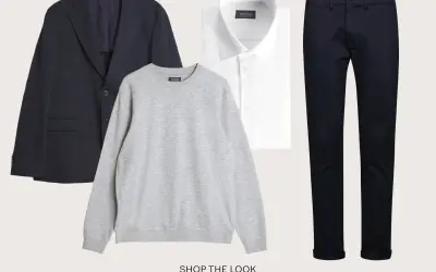 En marinblå kavaj, grå sweatshirt, vit skjorta och marinblå chinos. En klassisk outfit som passar bra när man funderar på vad ska jag ha på mig idag.